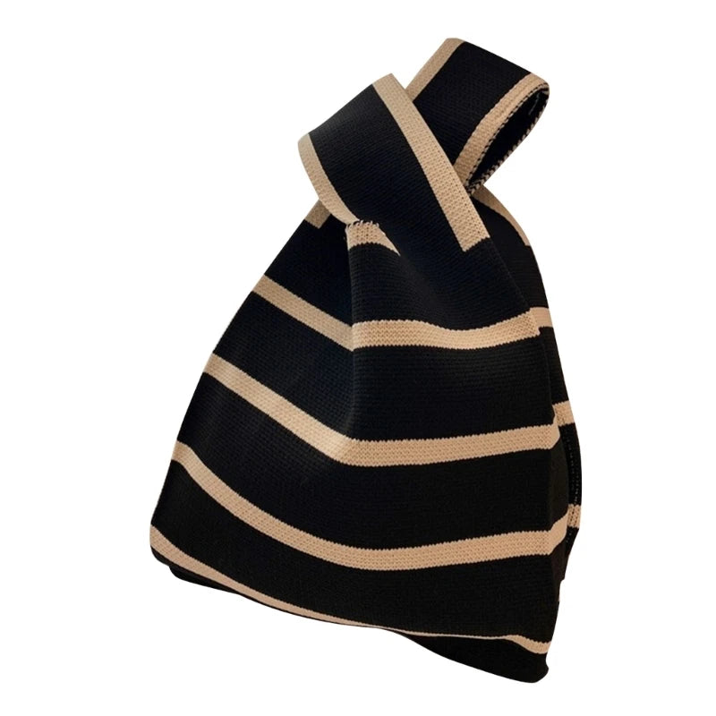 Knit Handbag Women Mini Knot Wrist Bag Japanese Casual Color Wide Stripe Plaid Tote Bag Student Reusable Shopping Bags