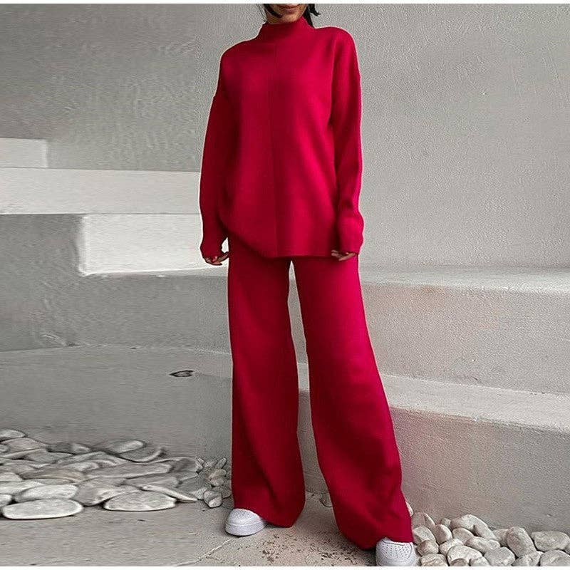 Solid Color High Neck Sweater And Pants Set
