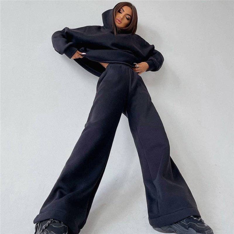Solid Color Hooded Long Sleeve Sweatshirt And Pants Set