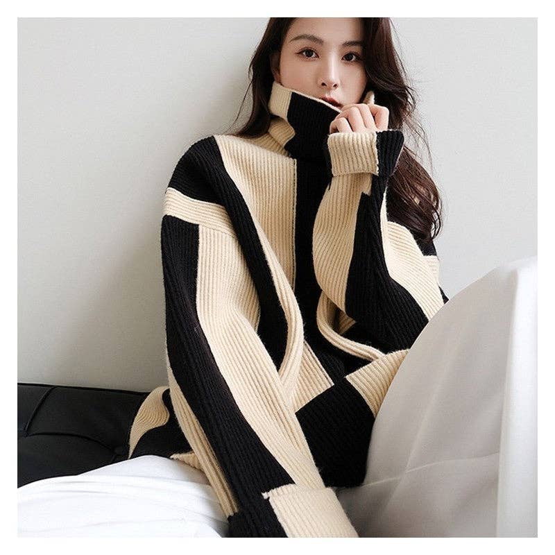Loose Fit Color Block Striped Mid-Length Sweater