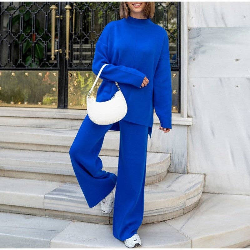 Solid Color High Neck Sweater And Pants Set