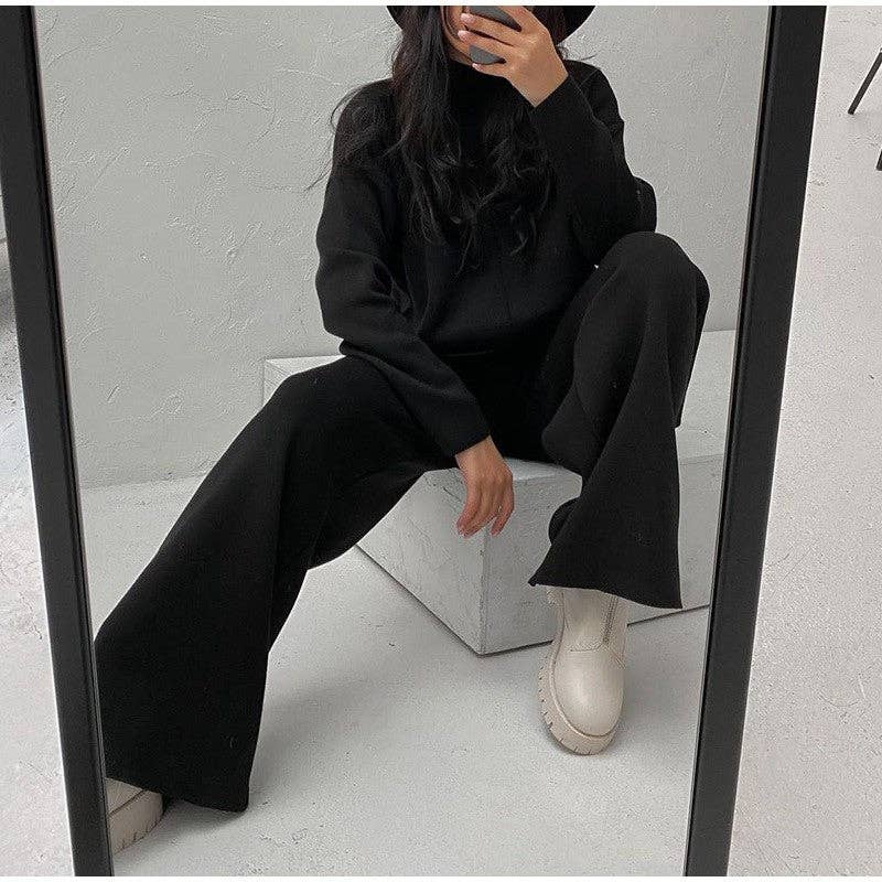 Solid Color High Neck Sweater And Pants Set