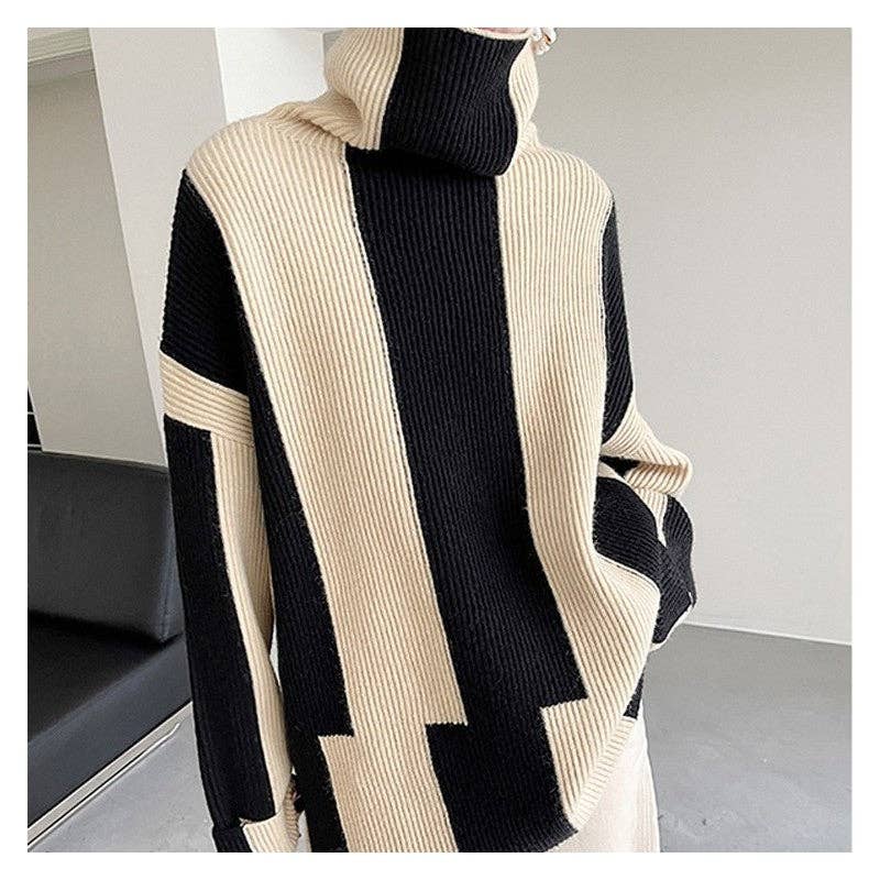 Loose Fit Color Block Striped Mid-Length Sweater