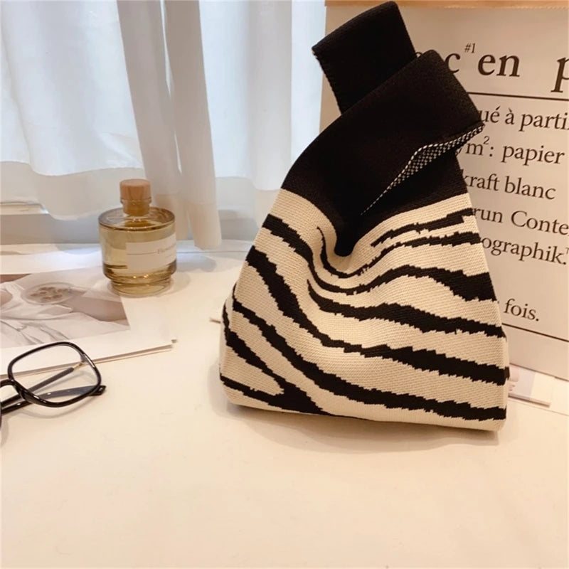 Knit Handbag Women Mini Knot Wrist Bag Japanese Casual Color Wide Stripe Plaid Tote Bag Student Reusable Shopping Bags