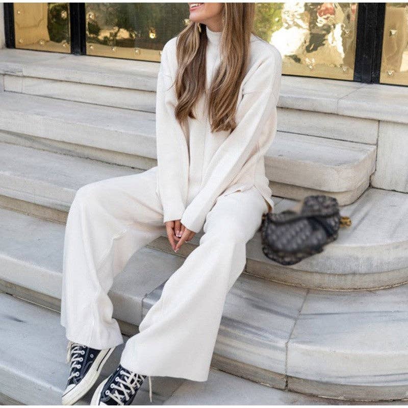 Solid Color High Neck Sweater And Pants Set