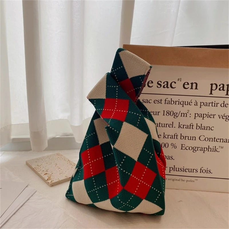 Knit Handbag Women Mini Knot Wrist Bag Japanese Casual Color Wide Stripe Plaid Tote Bag Student Reusable Shopping Bags