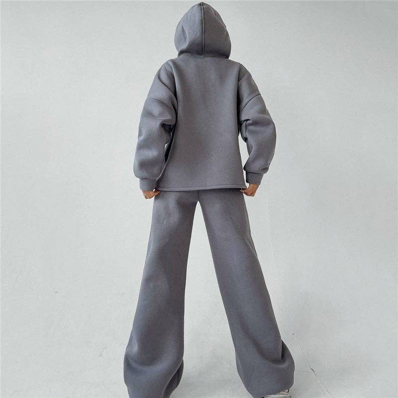 Solid Color Hooded Long Sleeve Sweatshirt And Pants Set