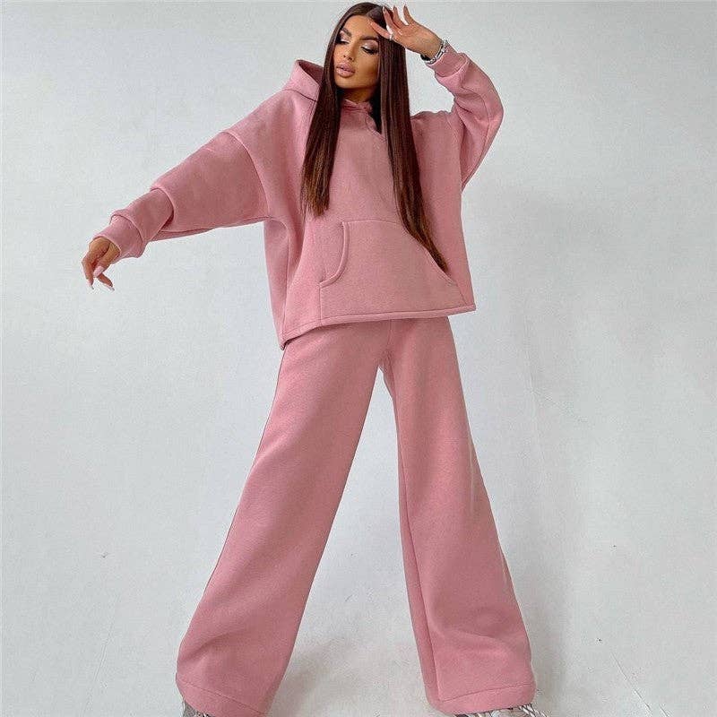 Solid Color Hooded Long Sleeve Sweatshirt And Pants Set