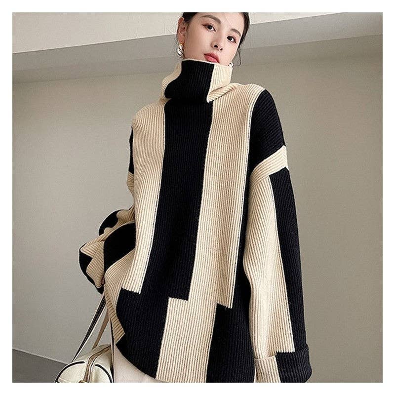Loose Fit Color Block Striped Mid-Length Sweater