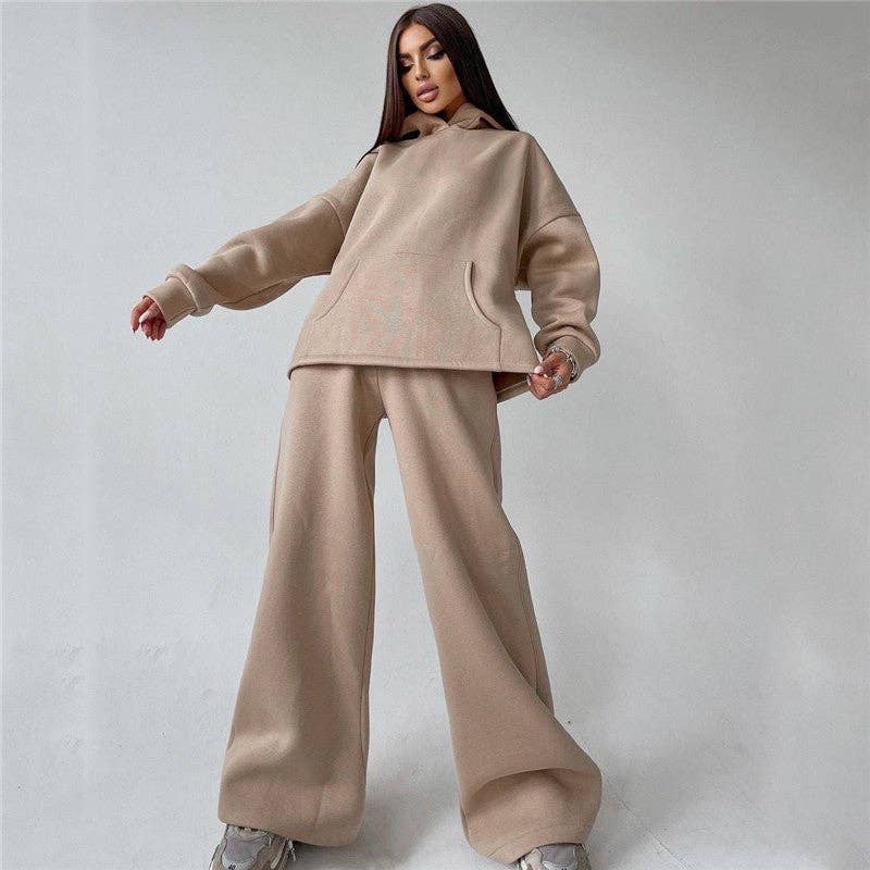 Solid Color Hooded Long Sleeve Sweatshirt And Pants Set