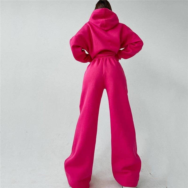 Solid Color Hooded Long Sleeve Sweatshirt And Pants Set