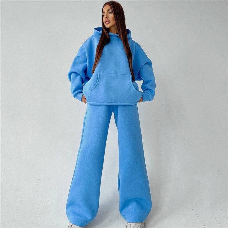 Solid Color Hooded Long Sleeve Sweatshirt And Pants Set