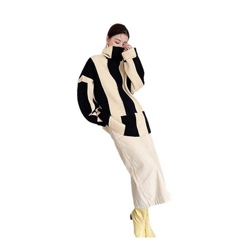 Loose Fit Color Block Striped Mid-Length Sweater