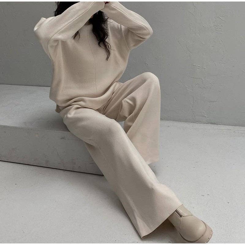 Solid Color High Neck Sweater And Pants Set