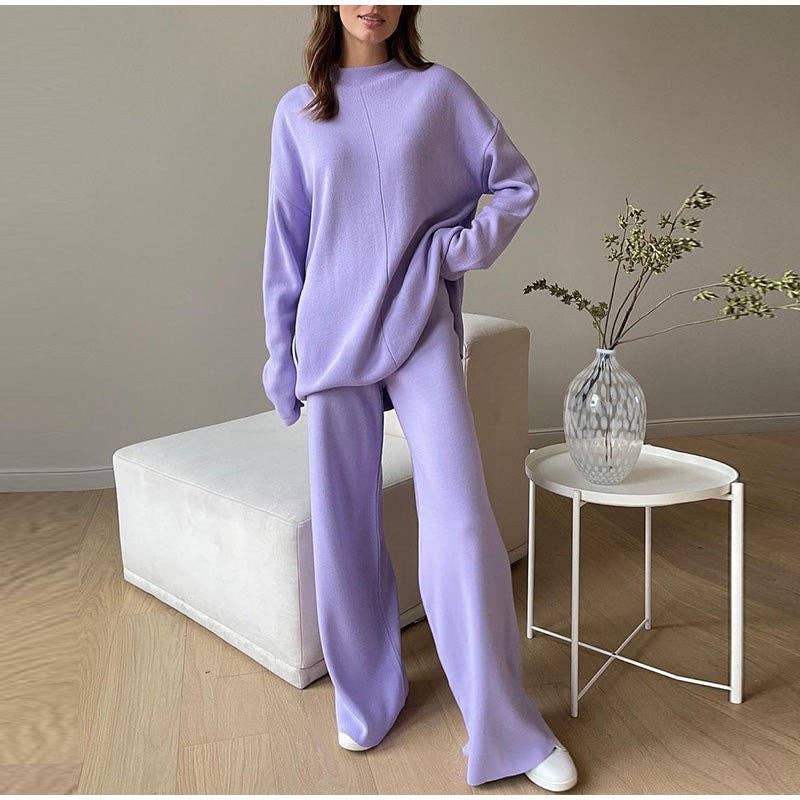 Solid Color High Neck Sweater And Pants Set