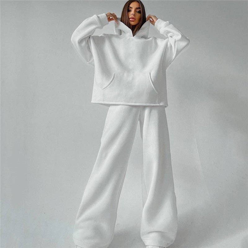 Solid Color Hooded Long Sleeve Sweatshirt And Pants Set