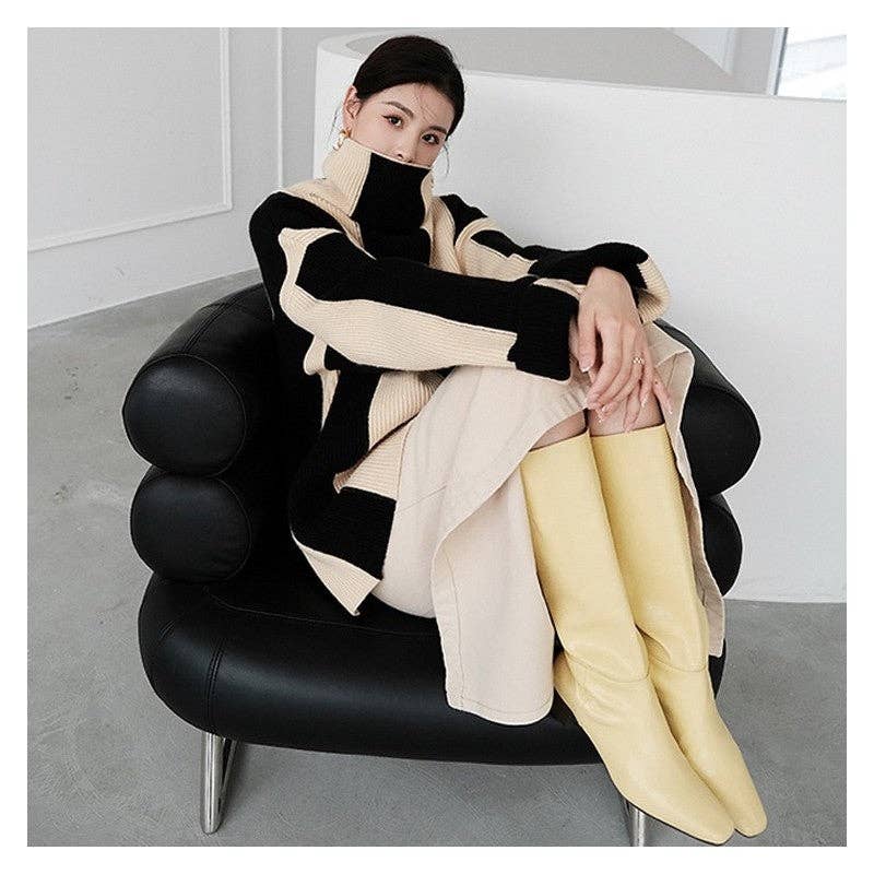 Loose Fit Color Block Striped Mid-Length Sweater