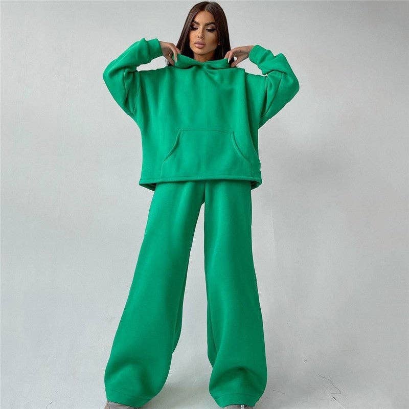 Solid Color Hooded Long Sleeve Sweatshirt And Pants Set