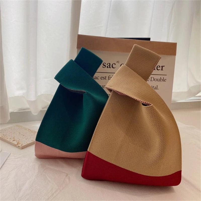 Knit Handbag Women Mini Knot Wrist Bag Japanese Casual Color Wide Stripe Plaid Tote Bag Student Reusable Shopping Bags