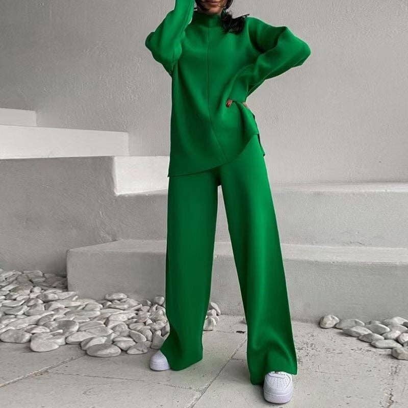 Solid Color High Neck Sweater And Pants Set