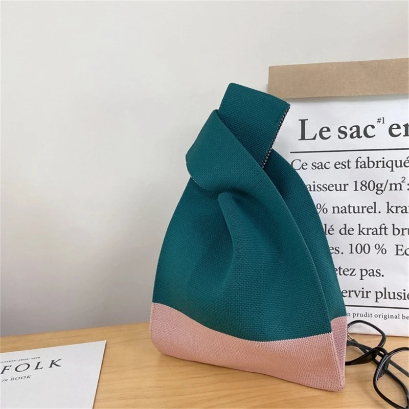 Knit Handbag Women Mini Knot Wrist Bag Japanese Casual Color Wide Stripe Plaid Tote Bag Student Reusable Shopping Bags