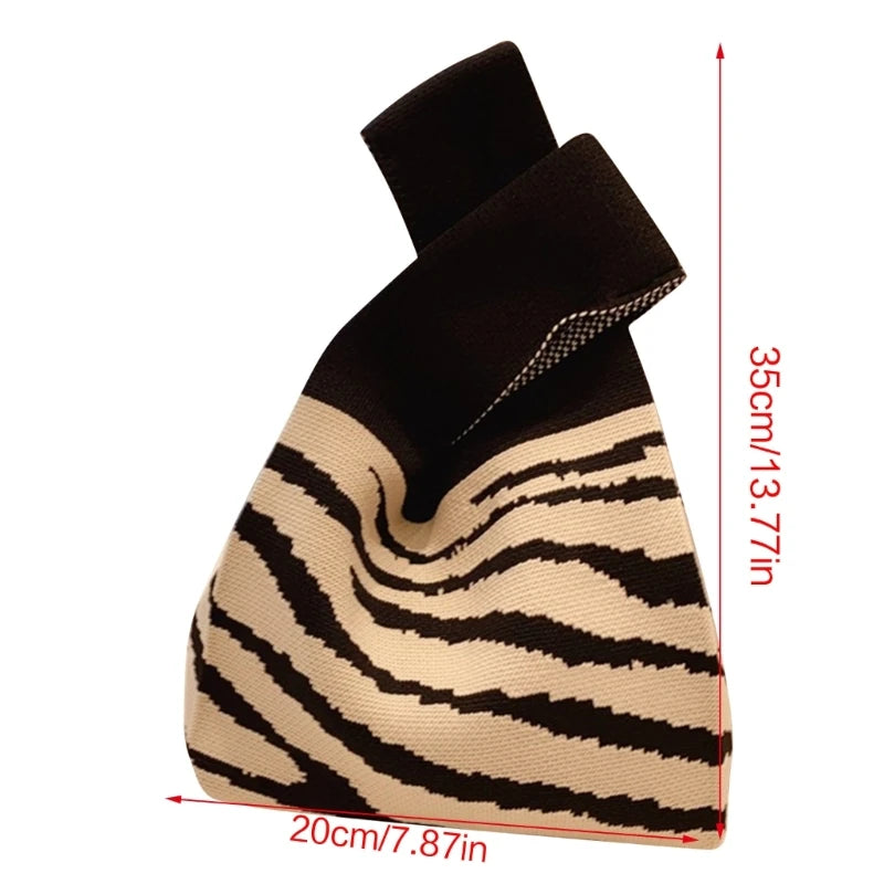 Knit Handbag Women Mini Knot Wrist Bag Japanese Casual Color Wide Stripe Plaid Tote Bag Student Reusable Shopping Bags