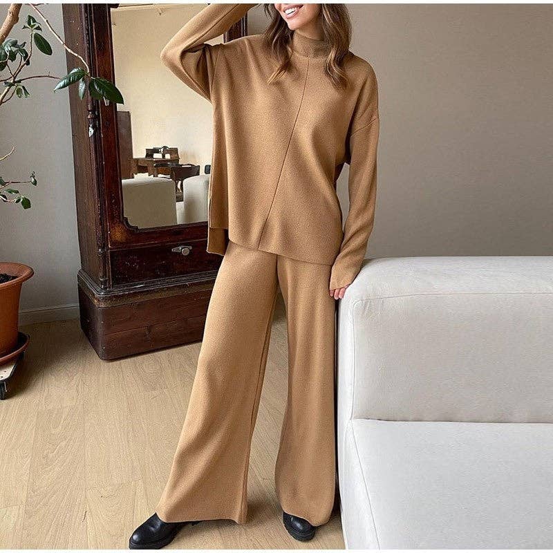 Solid Color High Neck Sweater And Pants Set
