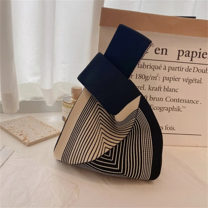 Knit Handbag Women Mini Knot Wrist Bag Japanese Casual Color Wide Stripe Plaid Tote Bag Student Reusable Shopping Bags