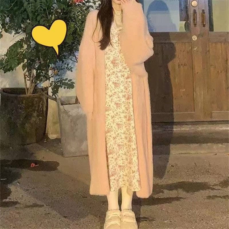 Solid Color Long Sleeve Thickened Imitation Mink Fur Casual Loose Cardigan Outerwear