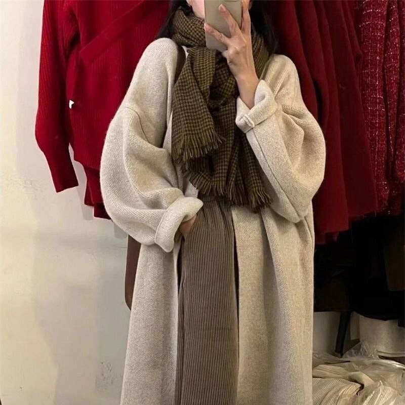 Solid Color Mid-Length Over-The-Knee Knitted Cardigan Sweater
