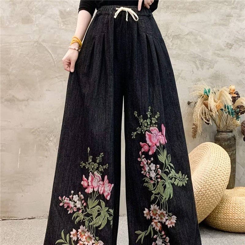 Wide Leg High Waisted Embroidered Tie Waist Pants
