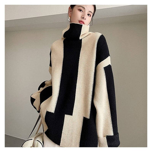 Loose Fit Color Block Striped Mid-Length Sweater