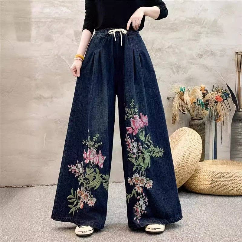 Wide Leg High Waisted Embroidered Tie Waist Pants