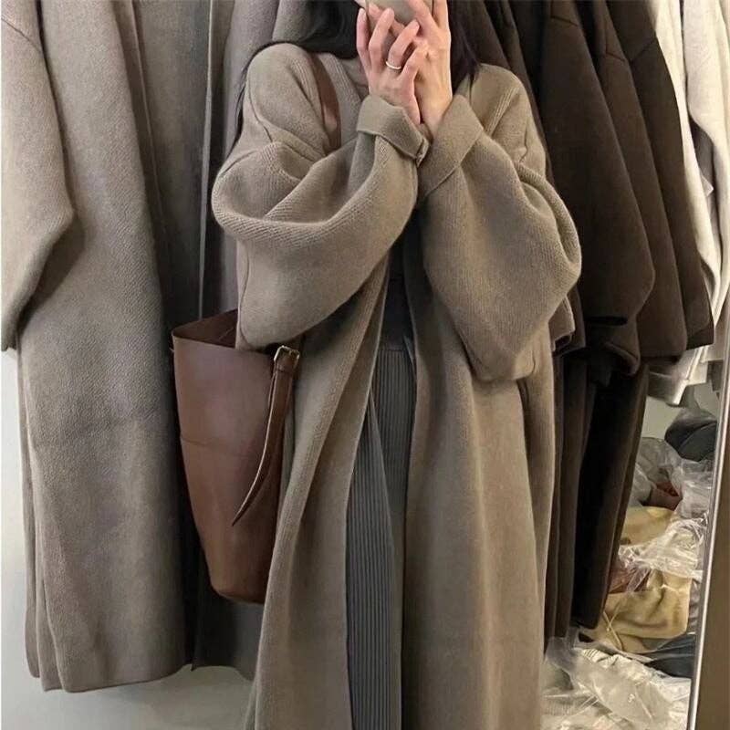 Solid Color Mid-Length Over-The-Knee Knitted Cardigan Sweater