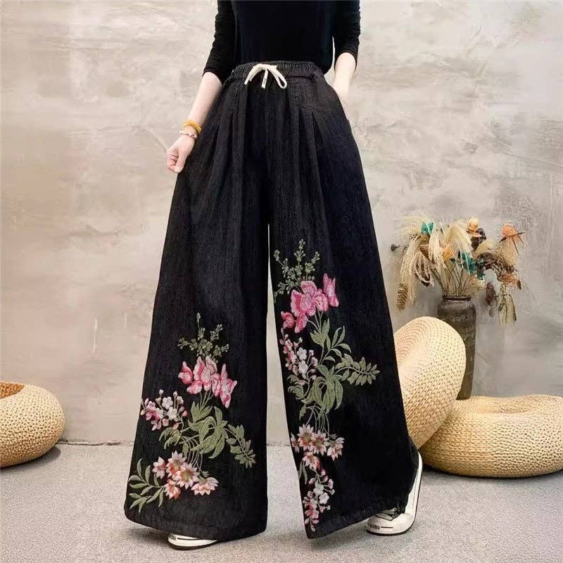 Wide Leg High Waisted Embroidered Tie Waist Pants