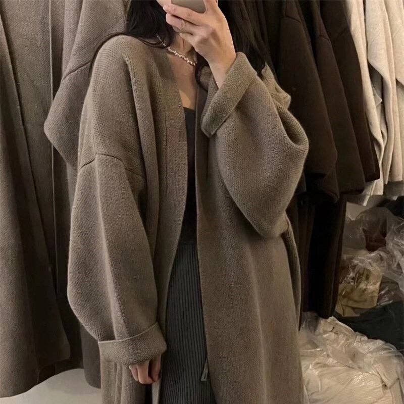 Solid Color Mid-Length Over-The-Knee Knitted Cardigan Sweater