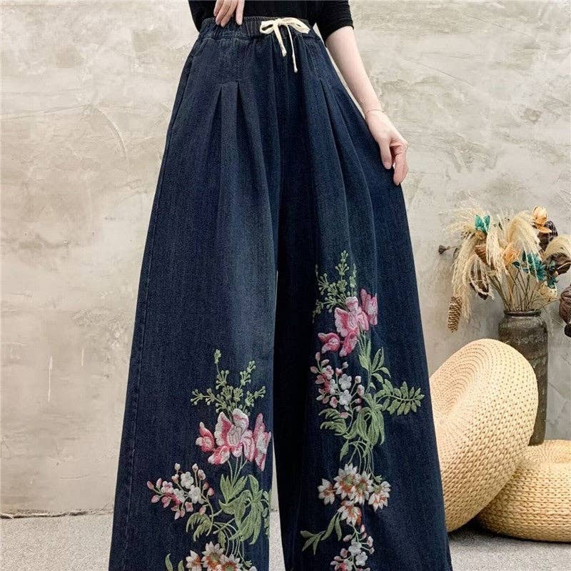 Wide Leg High Waisted Embroidered Tie Waist Pants