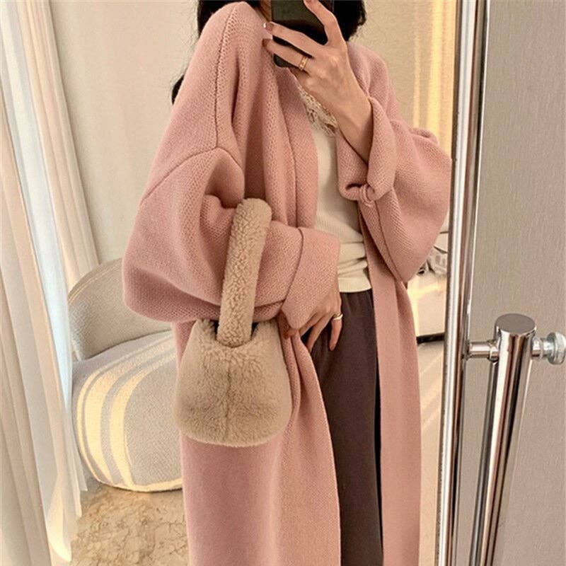Solid Color Mid-Length Over-The-Knee Knitted Cardigan Sweater