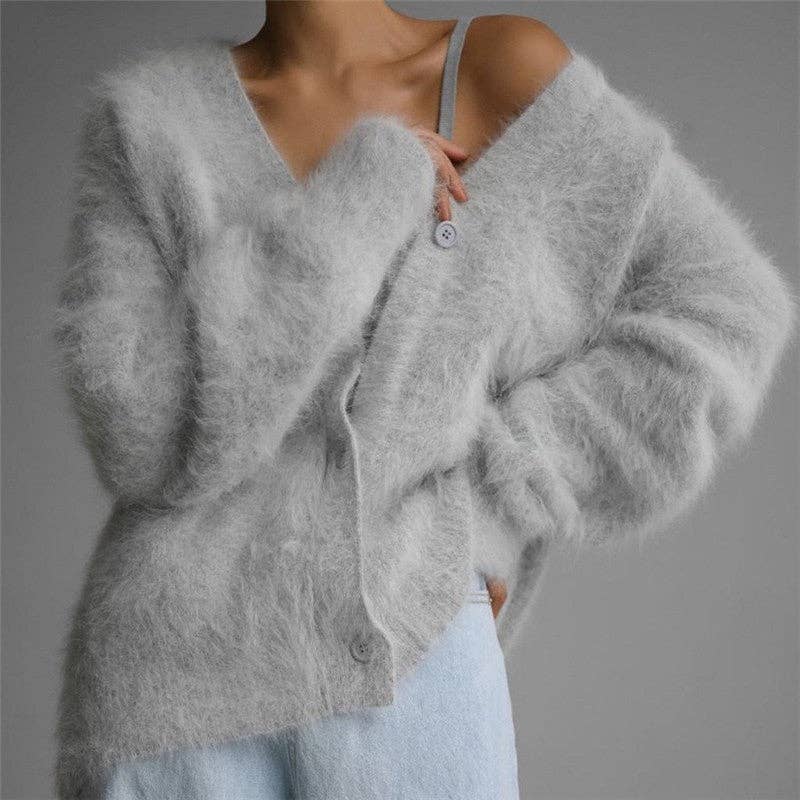 Loose Solid Color Cashmere V-Neck Cardigan Sweater