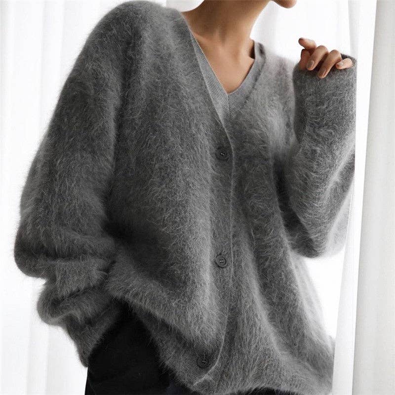 Loose Solid Color Cashmere V-Neck Cardigan Sweater