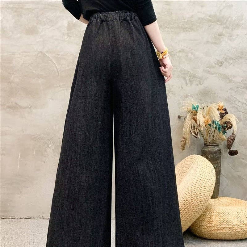 Wide Leg High Waisted Embroidered Tie Waist Pants
