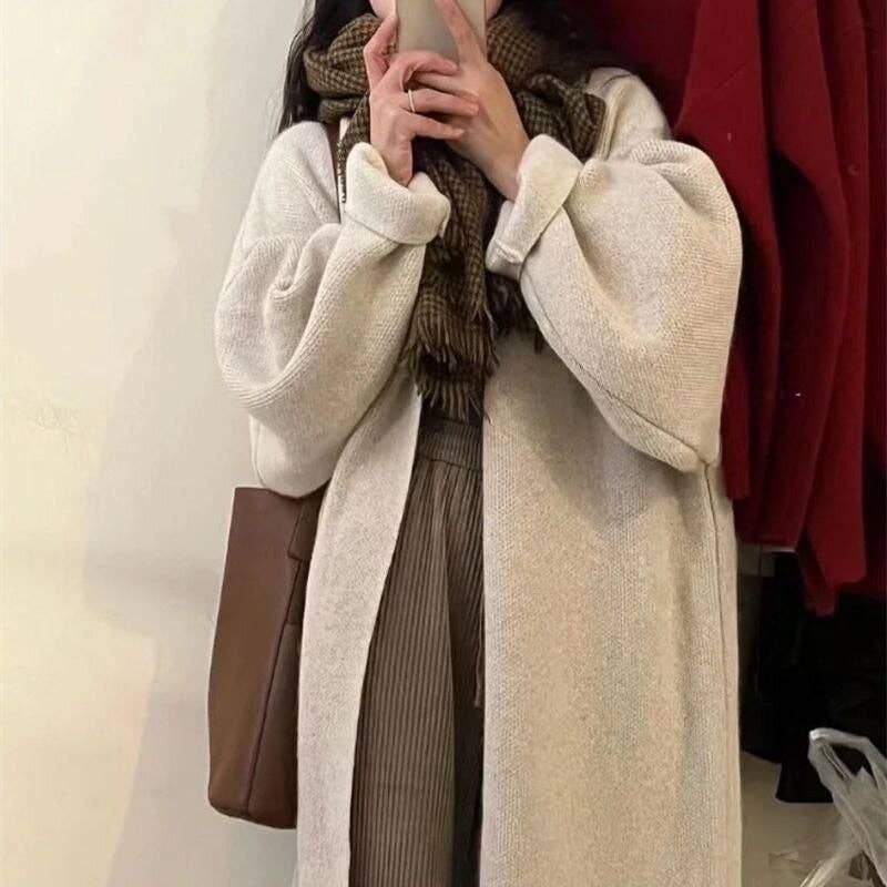 Solid Color Mid-Length Over-The-Knee Knitted Cardigan Sweater