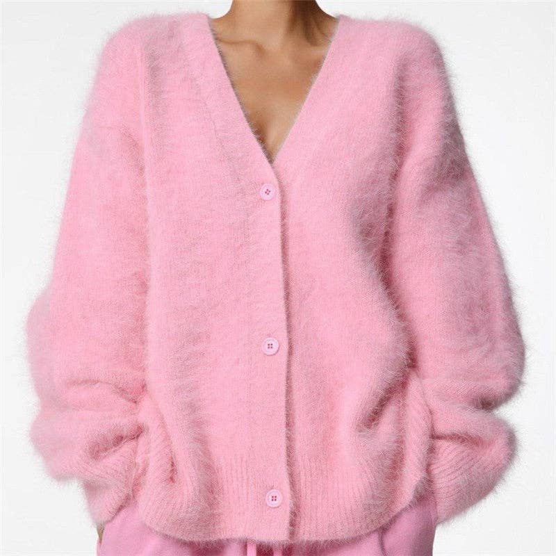 Loose Solid Color Cashmere V-Neck Cardigan Sweater