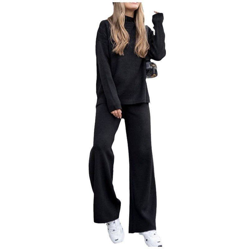 Solid Color High Neck Sweater And Pants Set