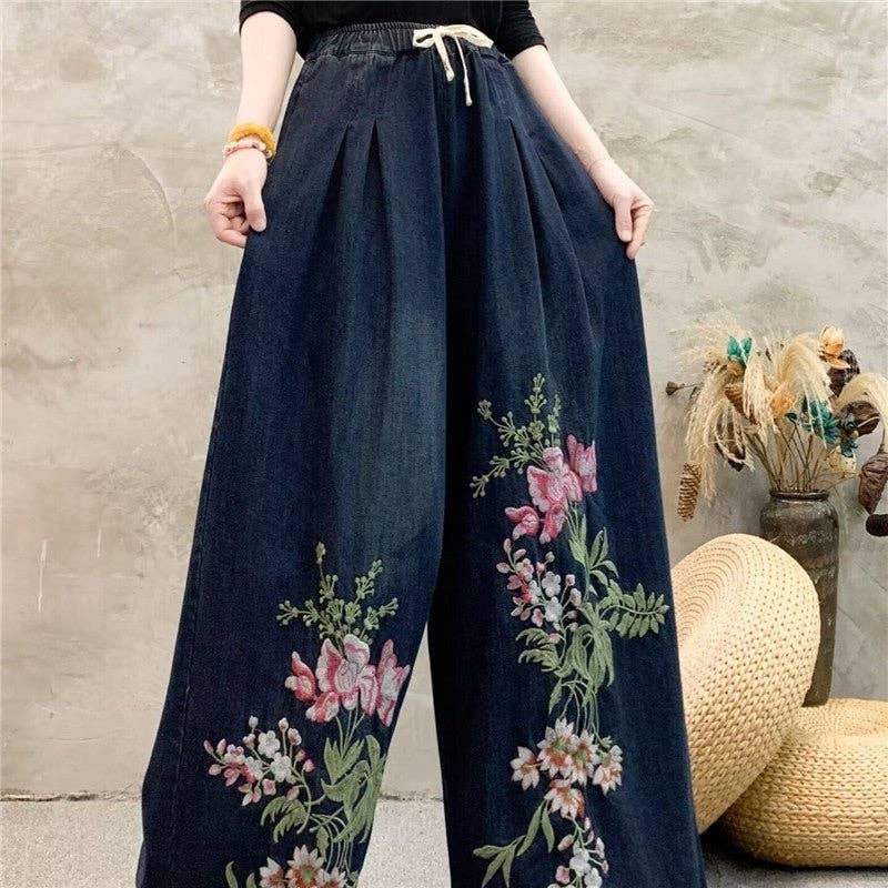 Wide Leg High Waisted Embroidered Tie Waist Pants