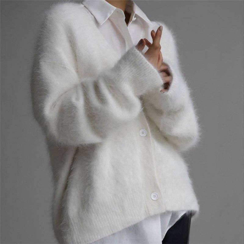 Loose Solid Color Cashmere V-Neck Cardigan Sweater