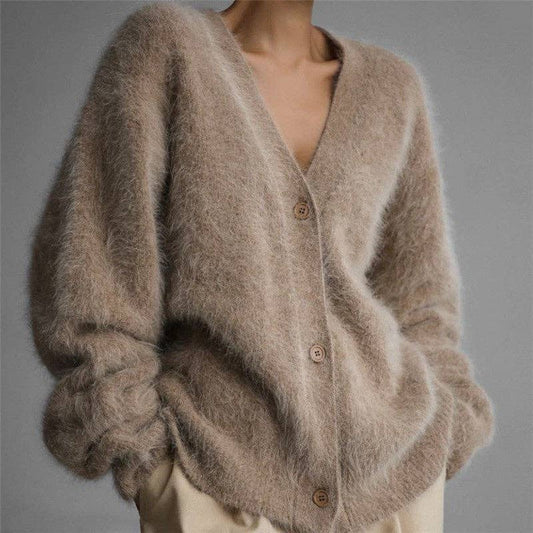Loose Solid Color Cashmere V-Neck Cardigan Sweater